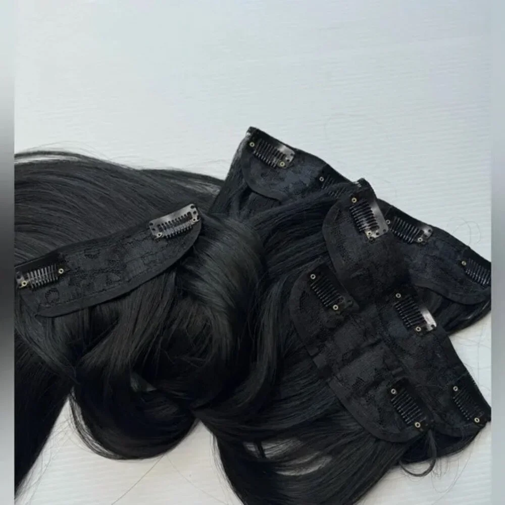 Black Clip in hair extensions - Human hair Blend